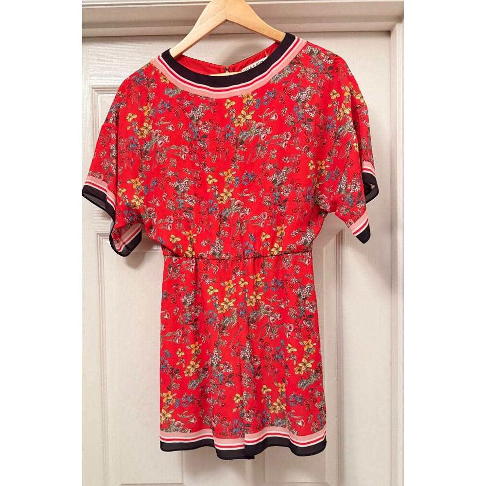 Alice + Olivia Romper Women 4 Red Floral Striped Trim Short Sleeve CC903P66803